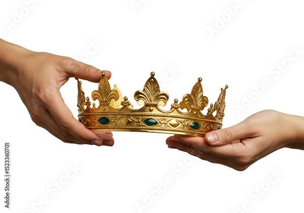 Fototapeta Isolated Golden Crown Being Held in Two Hands on Transparent Background