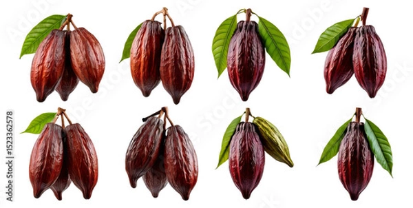 Fototapeta Cacao Pods with Leaves Displayed in Various Arrangements, Isolated on Transparent, white background