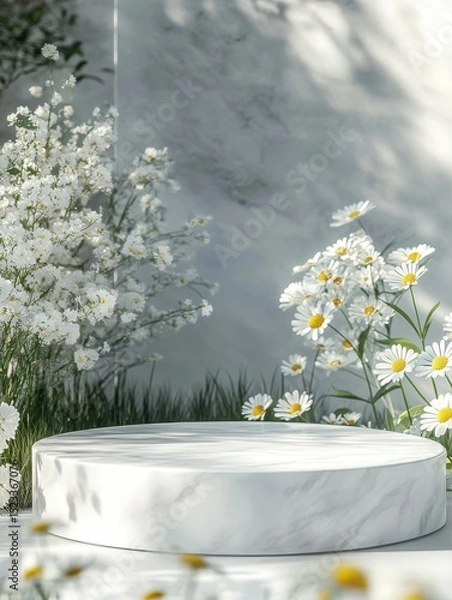 Fototapeta high resolution visual of Realistic blank empty stylish white marble products display podium with beautiful white daisy garden high detail 8k