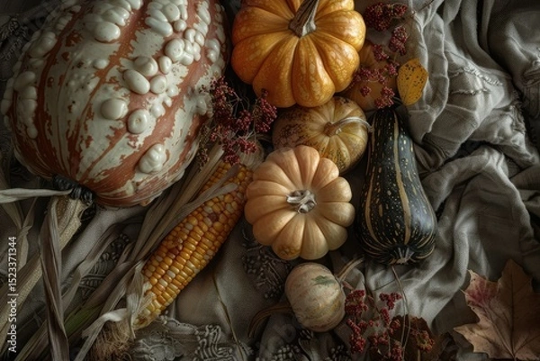 Fototapeta High Detail Image of Autumn Harvest Display with Pumpkins, Squash, and Corn