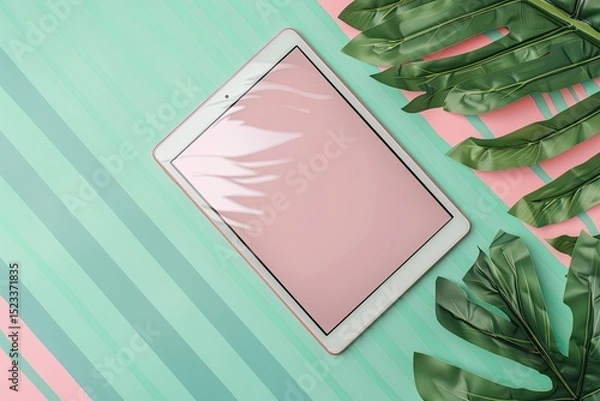Fototapeta High Definition Picture of Ebook Reader on the Striped Green Background with Pink