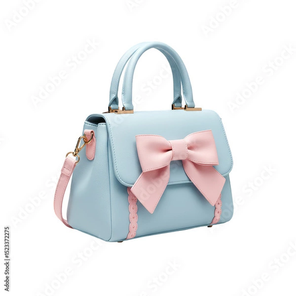 Fototapeta Isolated Stylish Blue Handbag With Pink Bow Design On Transparent Background