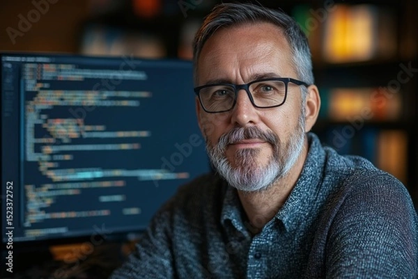 Fototapeta Senior Professional Programmer with Beard and Glasses Focused on Coding in Modern Office Workspace - Achieving Success in Software Development and Digital Innovation