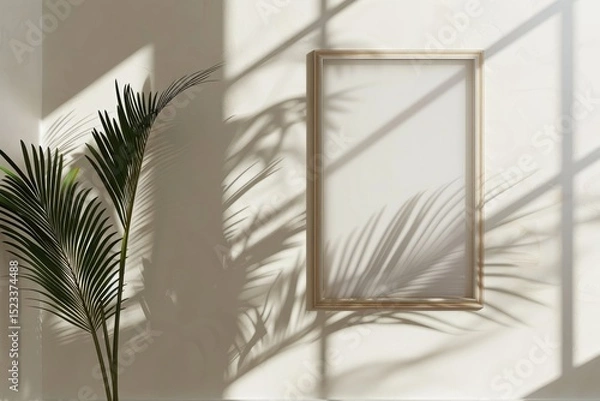 Fototapeta Minimal Hanging Frame Mockup with Window and Palm Shadow Poster Photo Frame Mockup