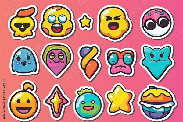 Fototapeta Set of Various Stickers Pins and Patches Cool Funny Cute Emoji Badges Vector Design
