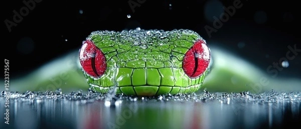 Obraz Green snake head, vibrant colors, water droplets