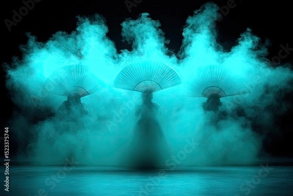 Obraz Three figures with ornate fans in a smoky, cyan atmosphere with a dark backdrop
