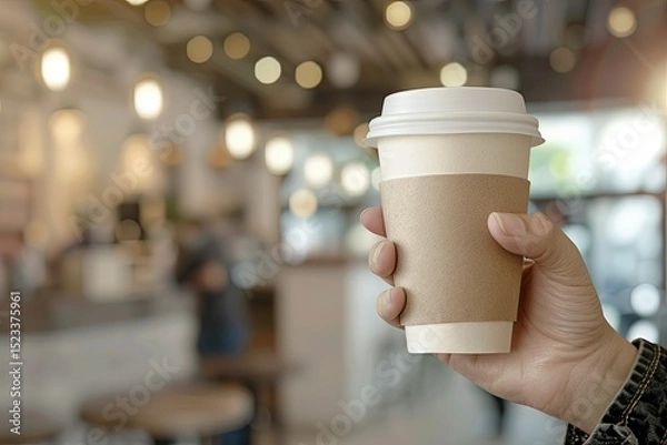 Fototapeta Sharp Picture of Closeup of a Hand Holding a Coffee Cup in a Caf Background