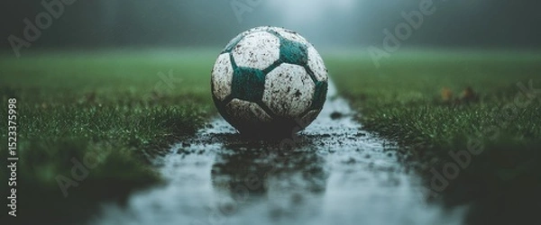Obraz Soccer ball rests on a wet field with a white line running beneath it, reflecting in the water