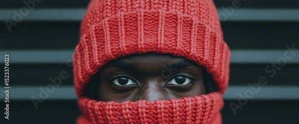 Obraz Person with eyes visible, wearing a red knit hat and covering nose and mouth. Looking forward