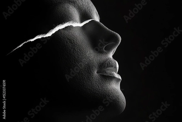 Obraz Textured face profile with a dramatic tear. Dramatic, black and white image