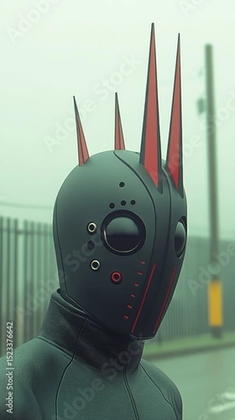 Obraz A figure wearing a black mask with red spikes stands on a foggy street