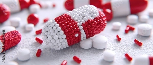 Obraz Red & white capsules/tablets scattered on a white surface with varying shapes and sizes in a medical setting