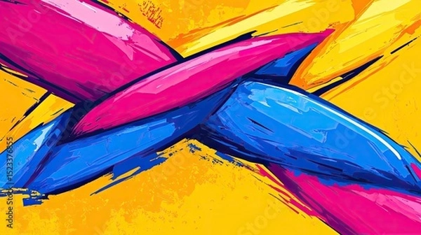 Obraz Brushstrokes of pink, blue, and yellow overlap against a textured yellow background in an abstract composition