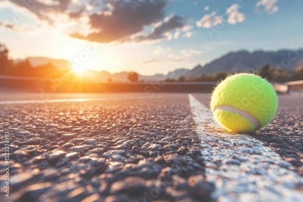 Obraz Tennis ball rests on line of court with a sunlit mountain landscape in background