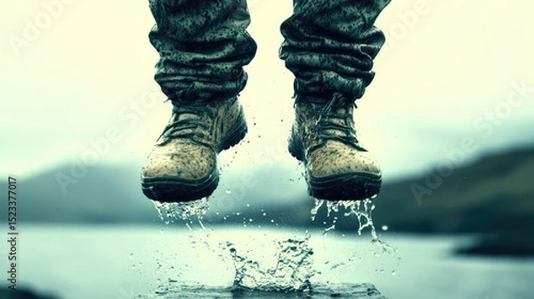 Obraz Jumping feet over water. Wet splash on a misty, blurred lake nature backdrop
