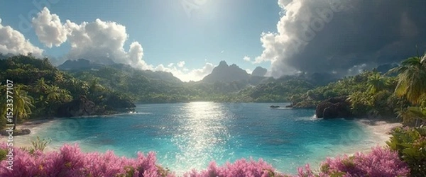 Obraz Tropical island paradise, with lush greenery, bright sun, and turquoise waters.  Pink blossoms in foreground