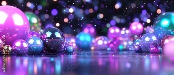Obraz Spherical forms of varying sizes and iridescent colors rest on a reflective surface amidst bokeh lighting
