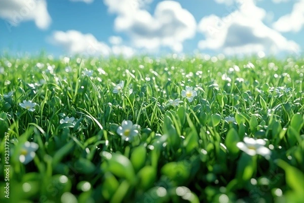 Obraz Lush green grass with tiny white flowers