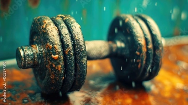 Obraz Rusty dumbbell sitting on a textured metal surface with moisture on it