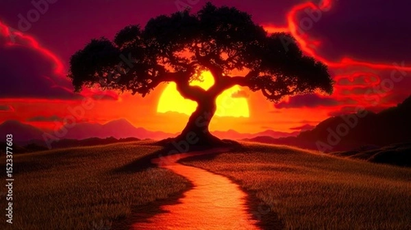 Obraz Epic sunset, lone tree, winding path