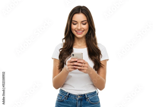 Fototapeta Portrait Of Brunette Woman Smiling While Using Smartphone On White