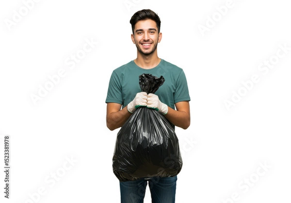 Fototapeta Portrait of Cheerful Man Holding Black Garbage Bag on Transparent Background