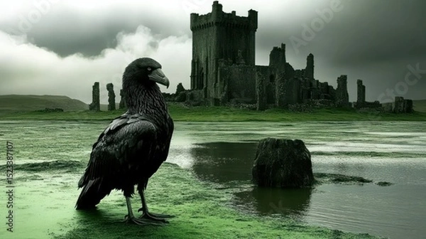 Obraz Raven Guarding a Ruined Castle Landscape