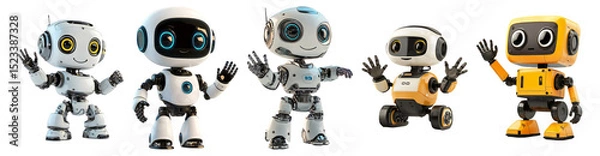 Fototapeta Friendly and Colorful Robot Characters Welcoming with Waving Hands, Isolated on Transparent, white background