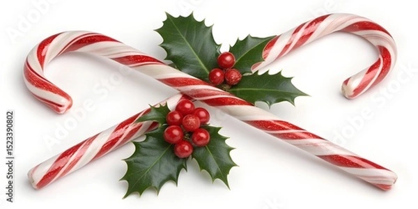 Fototapeta Festive candy canes with holly berries create joyful holiday atmosphere