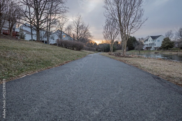 Obraz Suburban asphalt path, with pond and houses, at dusk