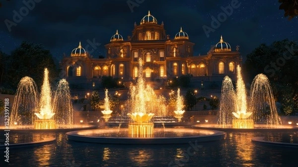 Fototapeta Opulent palace illuminated at night with elaborate fountains displaying golden radiance