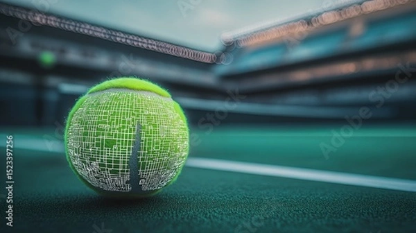 Fototapeta Digital Tennis Ball on Court, Symbolizing Technology Integration and Sports Innovation in the Modern Era of Athletic Performance and Technological Advancement : Generative AI