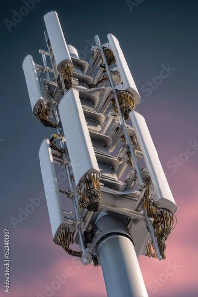 Fototapeta Cell Tower Against Sunset Sky, Showcasing Network Infrastructure and Telecommunications Advancement for Business Connectivity and Modern Technology : Generative AI