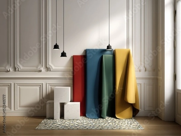 Fototapeta Colorful Fabrics Leaning Against Wall in Bright Room, Showcasing Interior Design and Material Selection for Home Improvement Projects : Generative AI