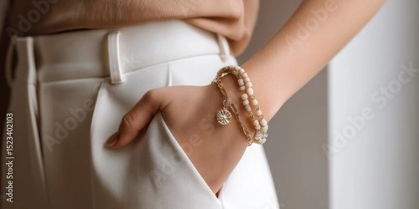 Fototapeta Woman's Wrist Adorned With Elegant Bracelets, Showcasing Personal Style and Jewelry Craftsmanship for Fashion Advertising and Brand Promotion : Generative AI