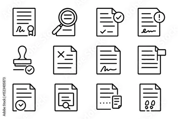 Fototapeta Icons of signed documents, stamps, magnifying glass, and checkmarks