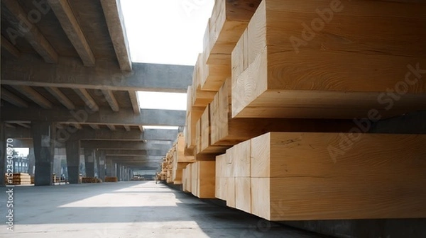 Obraz Architectural contrast: timber stacks against concrete structure in a warehouse