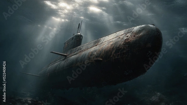 Obraz Illustration of a weathered, sunken submarine resting on the ocean floor. A decaying hull.