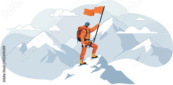 Fototapeta Mountain climber reaching summit with flag in snowy landscape vector illustration 