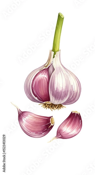 Fototapeta Watercolor Illustration of Garlic Bulb with Cloves Isolated Background