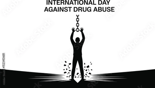Fototapeta International day against drug abuse illustration with figure breaking chains and prohibition sign