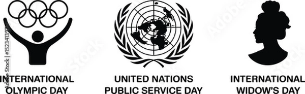 Fototapeta Three international day icons olympic day united nations public service day and widow's day on white