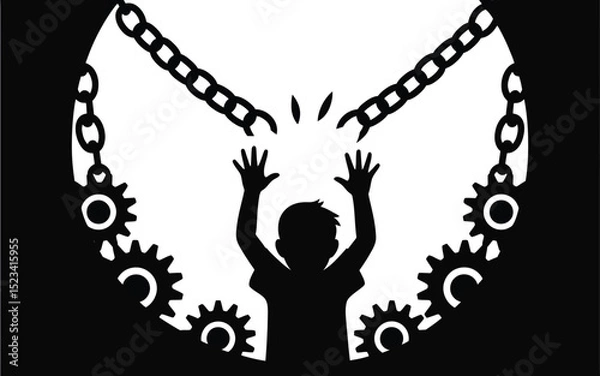 Fototapeta Silhouette of a child reaching for broken chains surrounded by gears in a black and white graphic