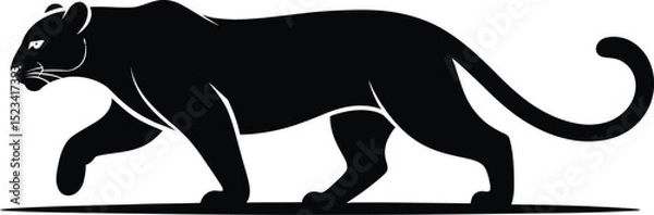 Fototapeta A black panther silhouette walking with a curled tail on a white background in a simple graphic style