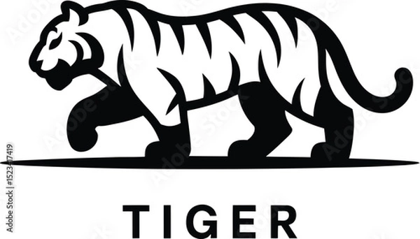 Fototapeta A black and white logo of a tiger walking with stripes and the word tiger below the animal image