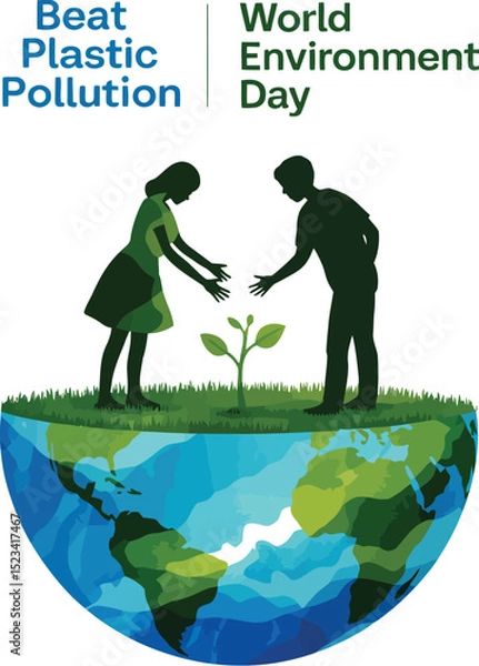 Fototapeta Silhouetted figures planting a seedling on a globe for world environment day and beat plastic pollution
