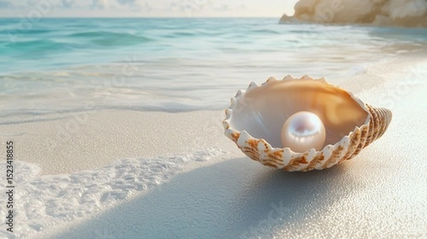 Fototapeta Goal of Life Mindset, Success, Calm and Goal symbol. A pearl nestled in a large seashell on a sandy beach by the ocean.