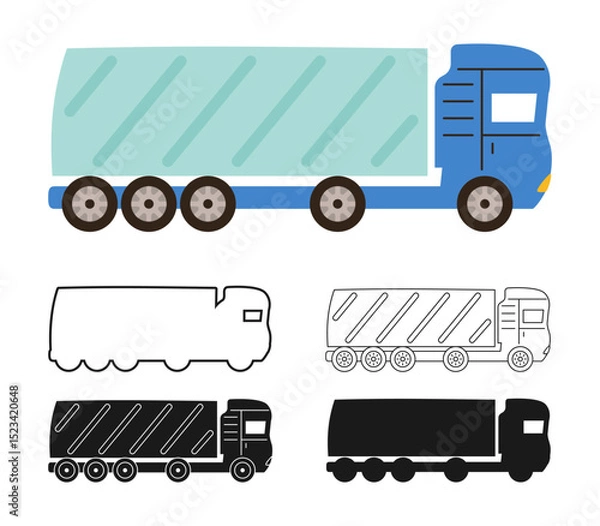 Fototapeta Truck or lorry Car icon symbol cartoon set. Hand drawn truck automobile in different styles colored silhouette, outline stylized collection. Simple big auto transport modern icon vector illustration