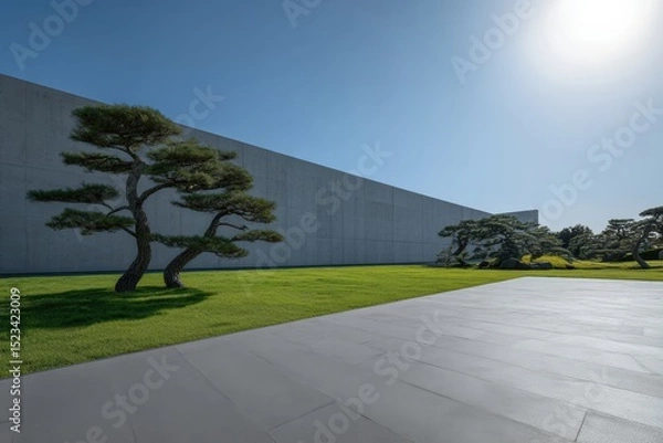 Fototapeta Sun shining on a large concrete wall in a japanese style garden with green grass and pine trees, minimalist architecture